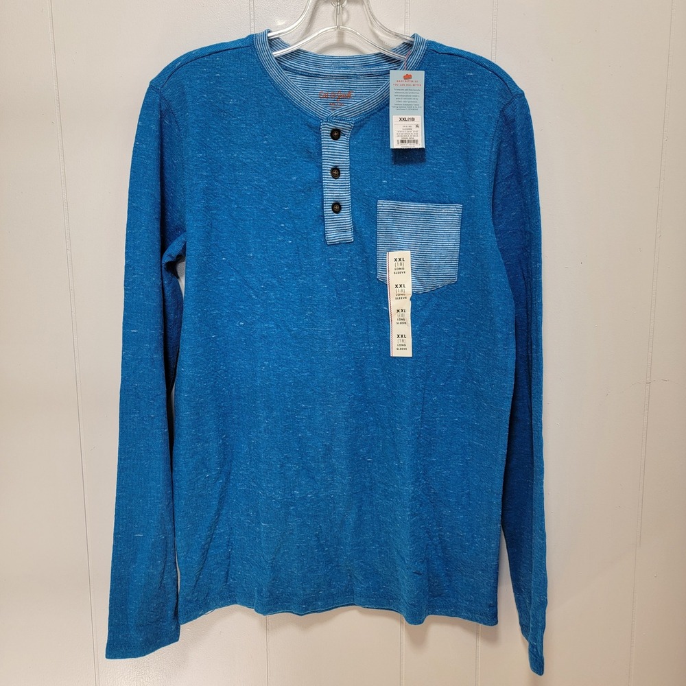 Cat & Jack Boys XXL 18 Blue Long Sleeve Henley Shirt Striped Pocket NWT